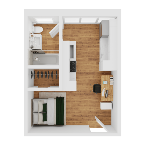 Floor plan for studio, 1 bath, 268 sqft