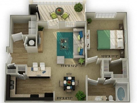 Floor plan for 1 bed, 1 bath, 802 sqft