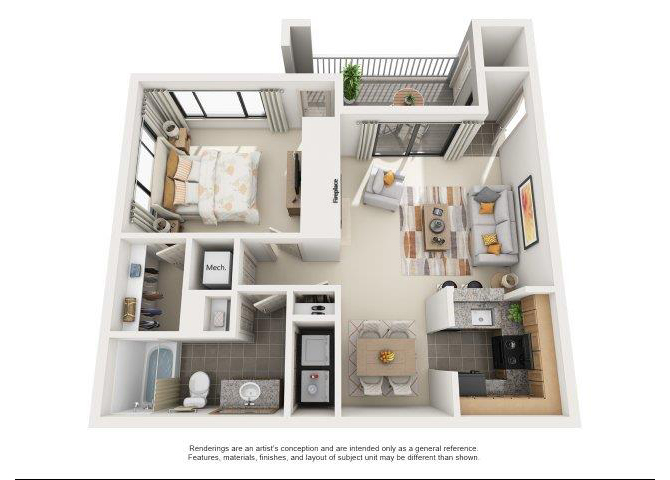 Floor plan for 1 bed, 1 bath, 735 sqft