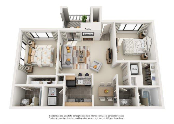Floor plan for 2 beds, 2 baths, 942 sqft