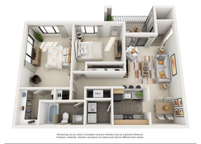 Floor plan for 2 beds, 1 bath, 884 sqft