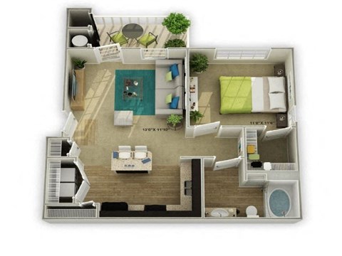 Floor plan for 1 bed, 1 bath, 651 sqft