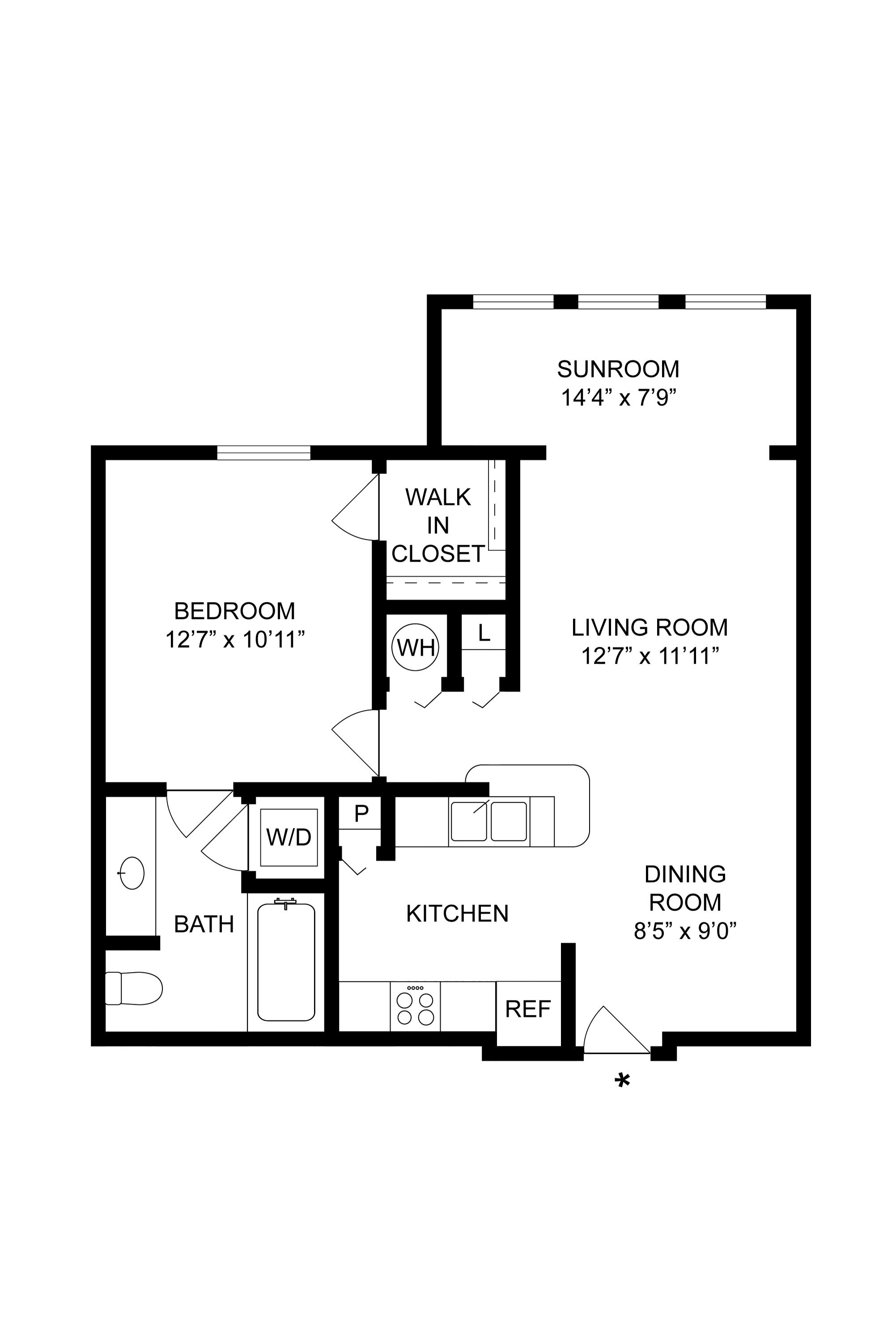 Floor plan for 1 bed, 1 bath, 760 sqft