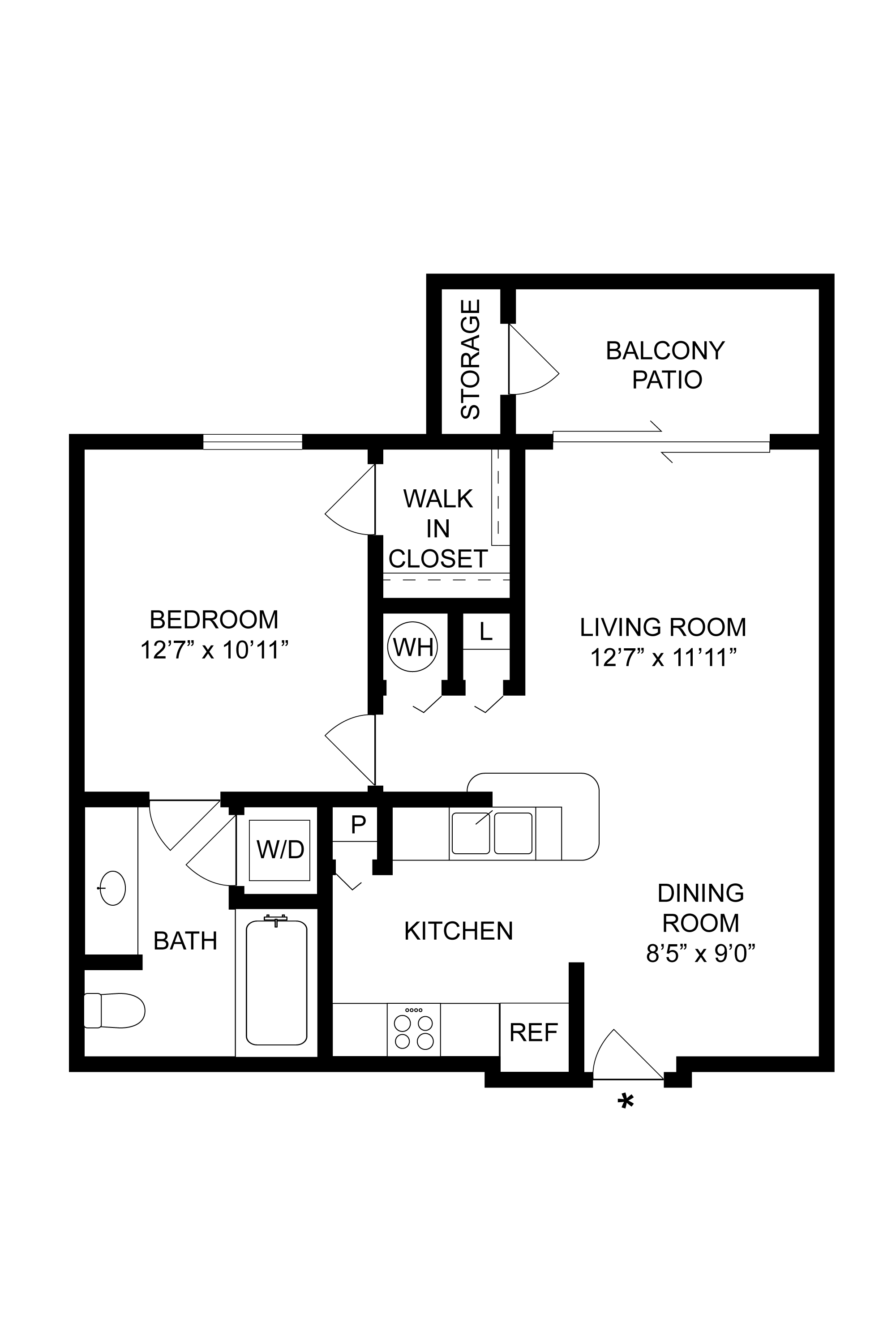 Floor plan for 1 bed, 1 bath, 637 sqft