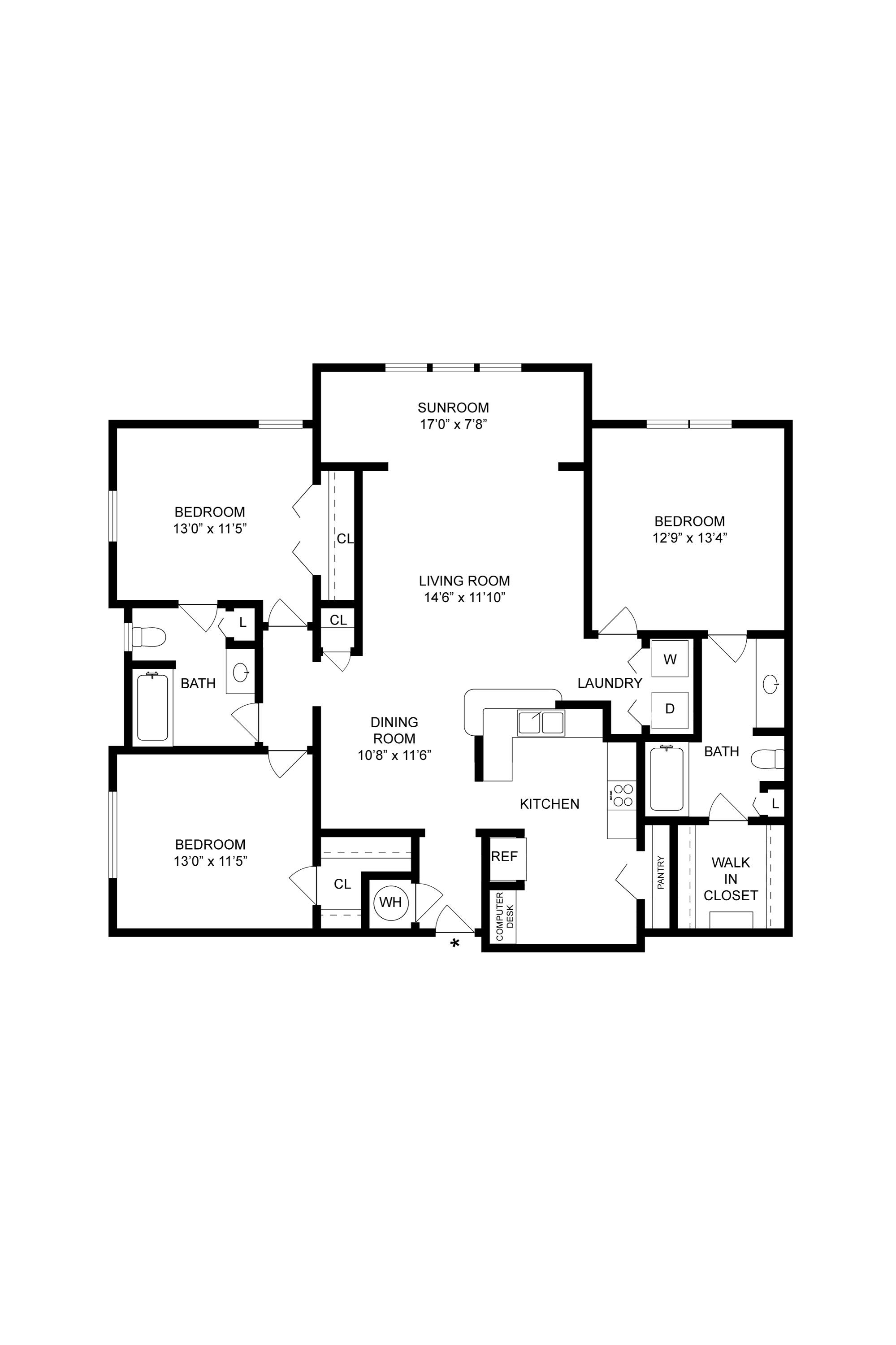 Floor plan for 3 beds, 2 baths, 1557 sqft