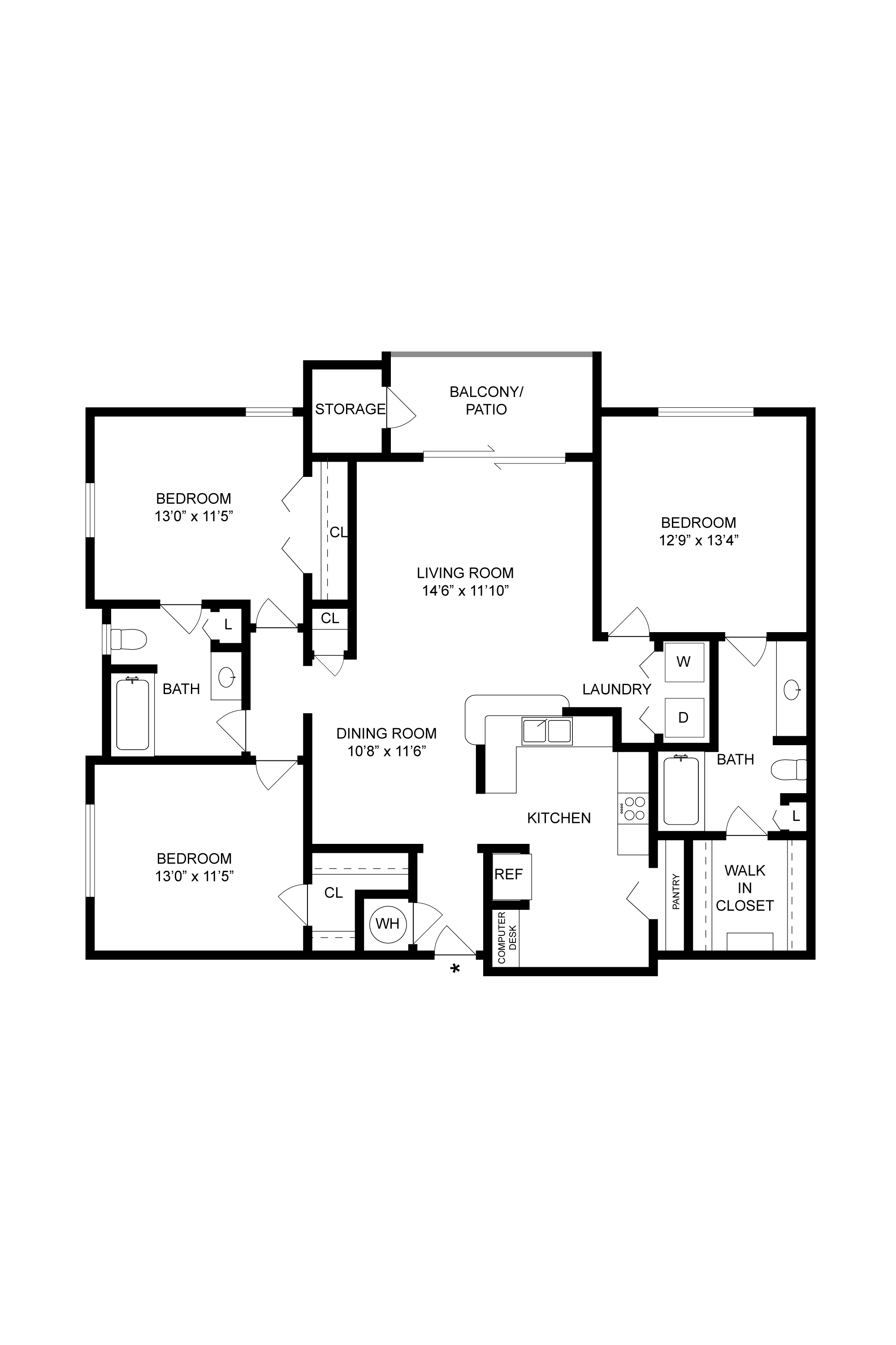 Floor plan for 3 beds, 2 baths, 1417 sqft