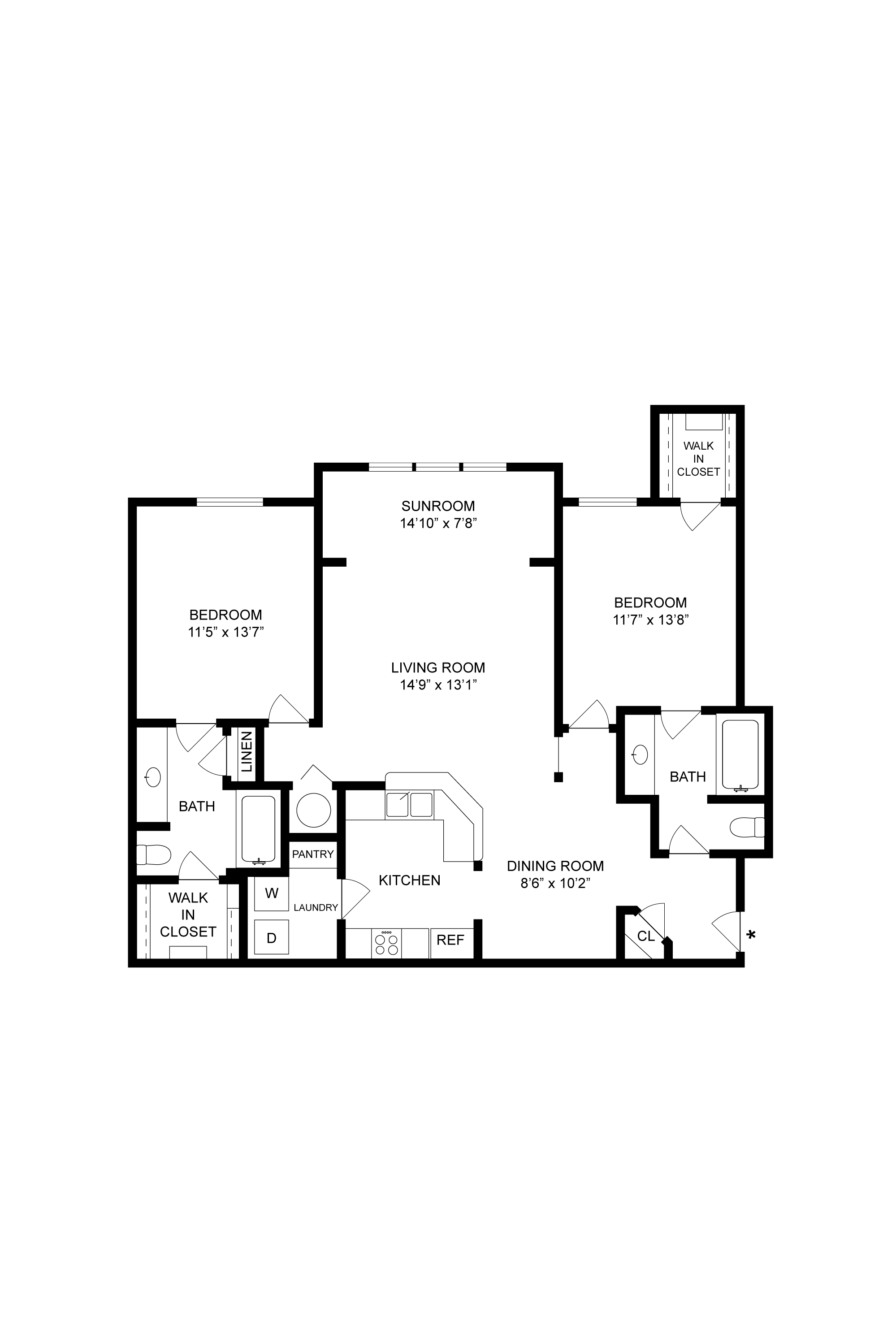 Floor plan for 2 beds, 2 baths, 1252 sqft