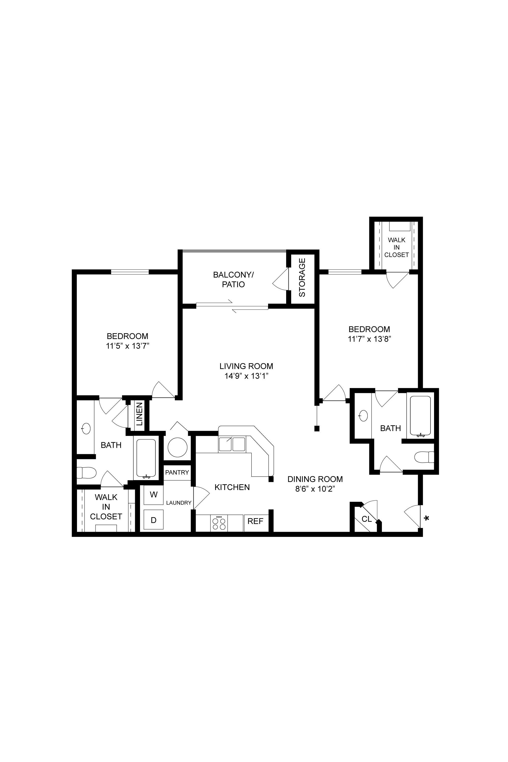 Floor plan for 2 beds, 2 baths, 1130 sqft