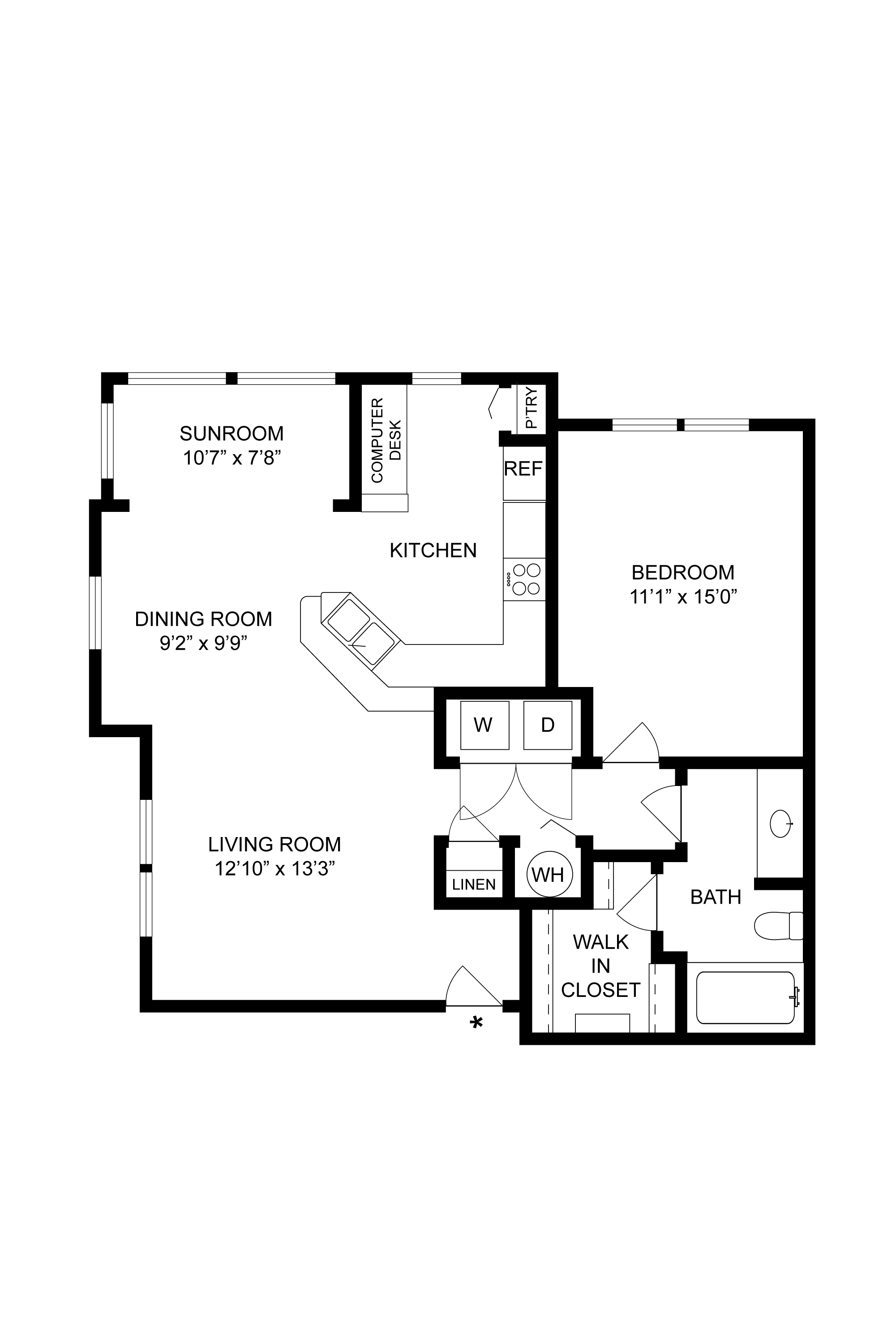 Floor plan for 1 bed, 1 bath, 886 sqft