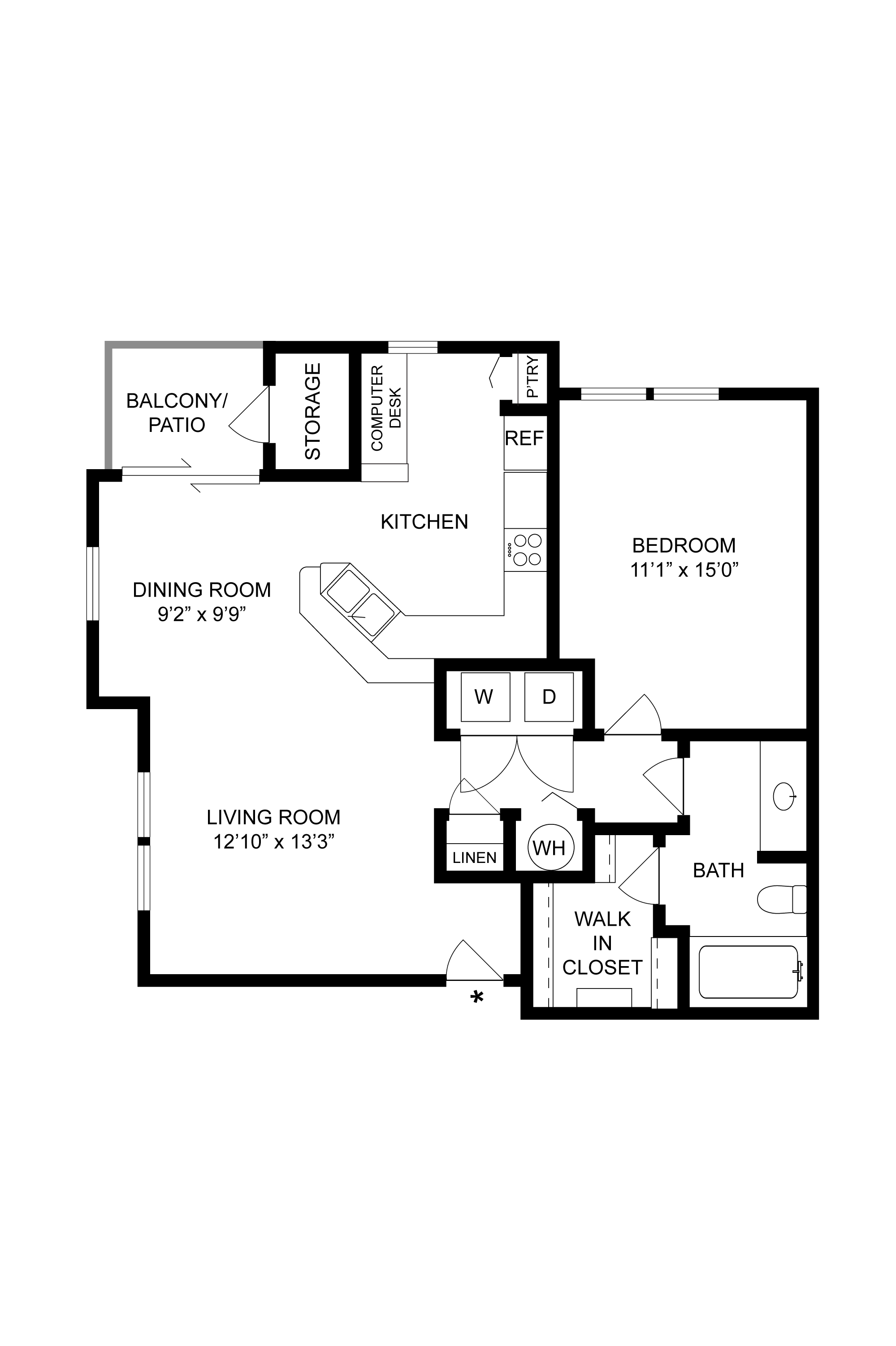 Floor plan for 1 bed, 1 bath, 795 sqft