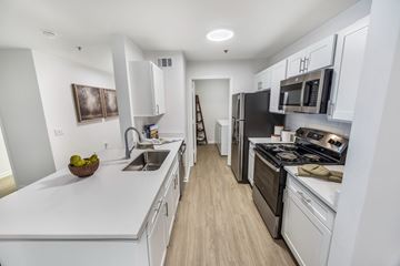 Cartersville apartment for rent - A modern kitchen with white cabinets and stainless steel appliances.
