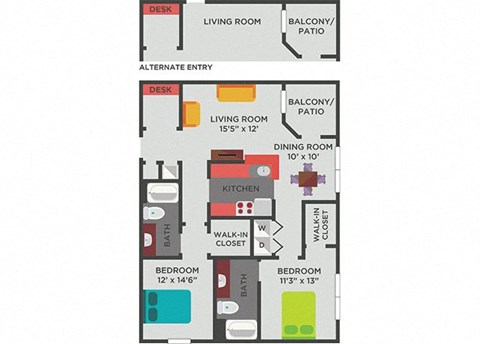 Floor plan for 2 beds, 2 baths, 1205 sqft