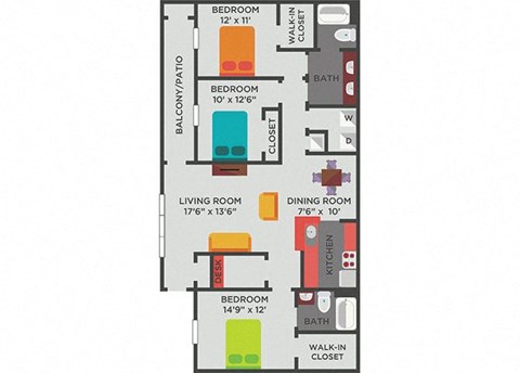 Floor plan for 3 beds, 2 baths, 1460 sqft