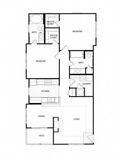 Floor plan for 2 beds, 2 baths, 1132 sqft