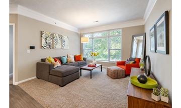 Columbus townhouse for rent - A living room with a grey couch and a green side table.