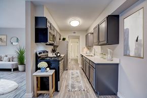 Bethany apartment for rent - A modern kitchen with dark cabinets and a white countertop.