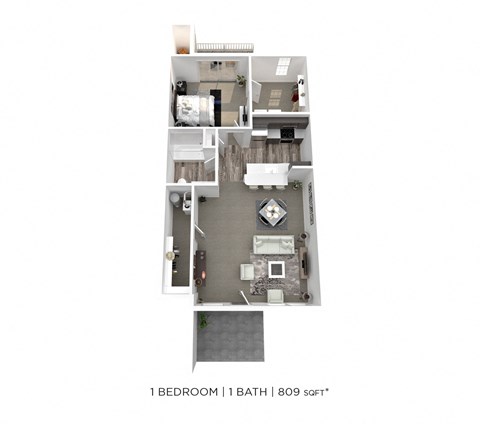 Floor plan for 1 bed, 1 bath, 809 sqft