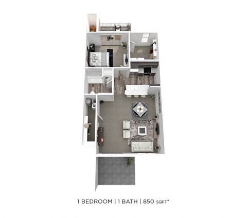 Floor plan for 1 bed, 1 bath, 850 sqft