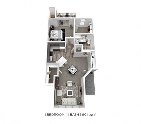 Floor plan for 1 bed, 1 bath, 901 sqft