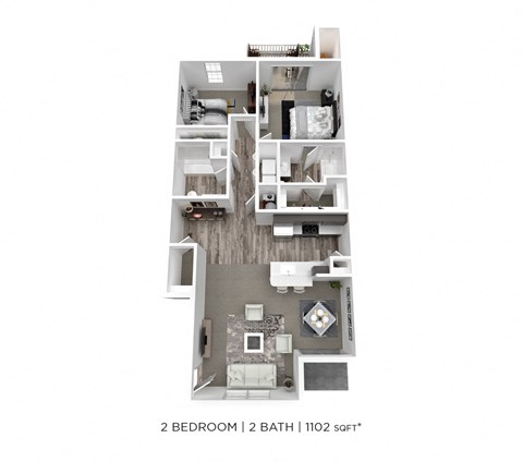 Floor plan for 2 beds, 2 baths, 1102 sqft