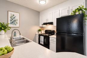 Gaffney apartment for rent - A black refrigerator is in a kitchen with a white counter.