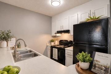 Gaffney apartment for rent - A kitchen with a black fridge, white cabinets, and a sink.