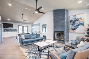 Gaffney apartment for rent - A modern living room with a grey sofa, a coffee table, and a fireplace.