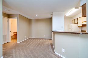 Cincinnati apartment for rent - A spacious living room with a carpeted floor and a kitchen area in the background.