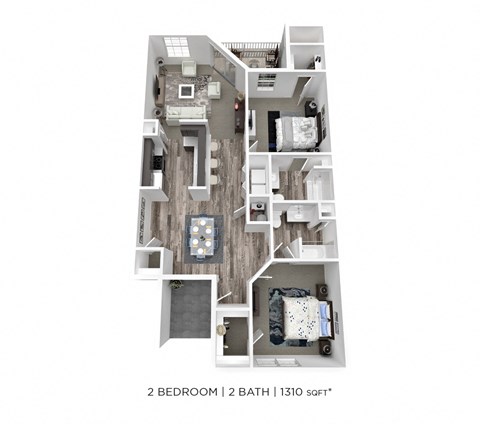 Floor plan for 2 beds, 2 baths, 1310 sqft