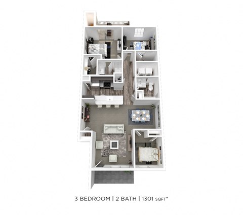 Floor plan for 3 beds, 2 baths, 1357 sqft