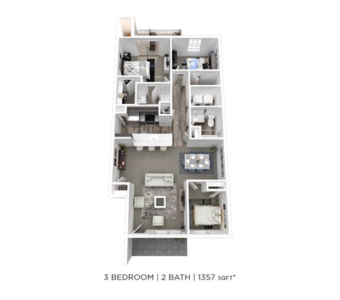 Floor plan for 3 beds, 2 baths, 1357 sqft