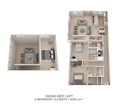 Floor plan for 2 beds, 2.5 baths, 1405 sqft