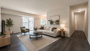 Horsham apartment for rent - A living room with a white couch, a green chair, and a coffee table.