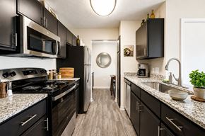 Broken Arrow apartment for rent - A modern kitchen with black cabinets and stainless steel appliances.