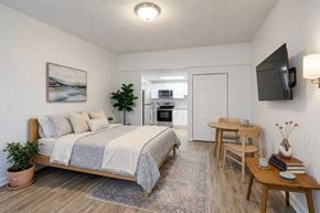Frankfort apartment for rent - A bedroom with a bed, a table, and a television.