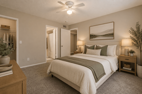 Columbia apartment for rent - A bedroom with a large bed and a ceiling fan.