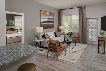 Mcdonough apartment for rent - A living room with a grey sofa, a wooden chair, a grey table, a painting on the wall, and a window with curtains.