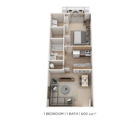 Floor plan for 1 bed, 1 bath, 600 sqft