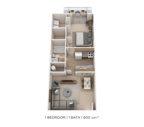 Floor plan for 1 bed, 1 bath, 600 sqft