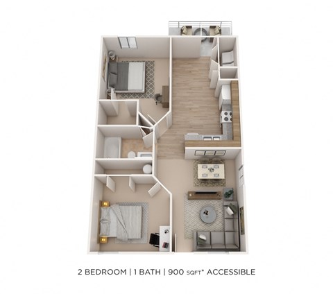 Floor plan for 2 beds, 1 bath, 900 sqft