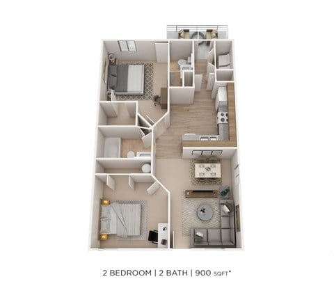 Floor plan for 2 beds, 1 bath, 900 sqft