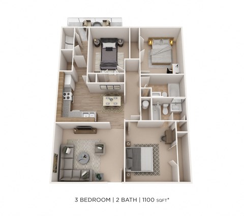 Floor plan for 3 beds, 2 baths, 1100 sqft