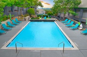 Fort Worth townhouse for rent - A swimming pool surrounded by blue lounge chairs.