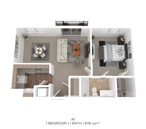 Floor plan for 1 bed, 1 bath, 676 sqft