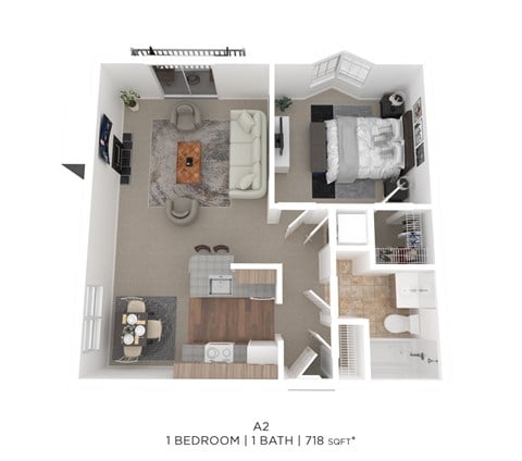 Floor plan for 1 bed, 1 bath, 718 sqft