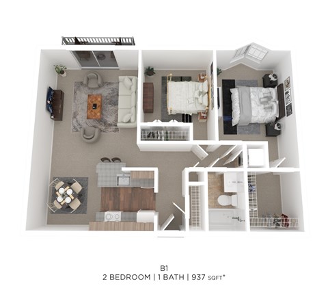 Floor plan for 2 beds, 1 bath, 937 sqft