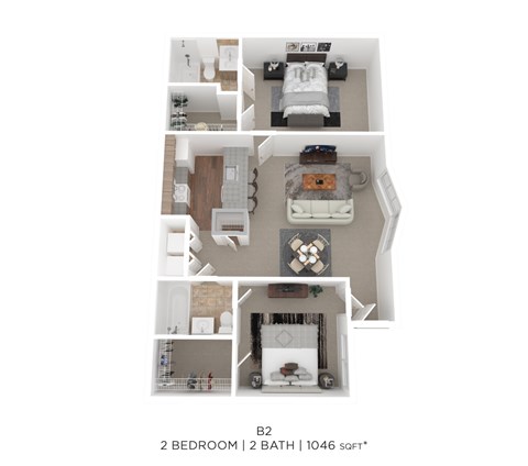 Floor plan for 2 beds, 2 baths, 1046 sqft