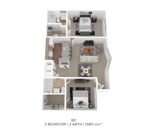 Floor plan for 2 beds, 2 baths, 1080 sqft