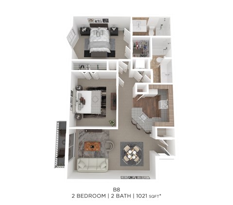 Floor plan for 2 beds, 2 baths, 1021 sqft