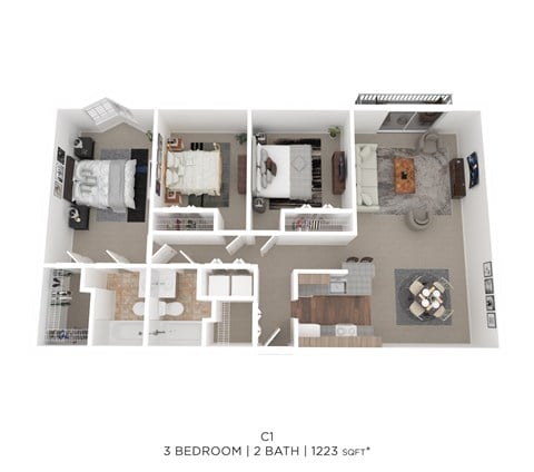 Floor plan for 3 beds, 2 baths, 1223 sqft